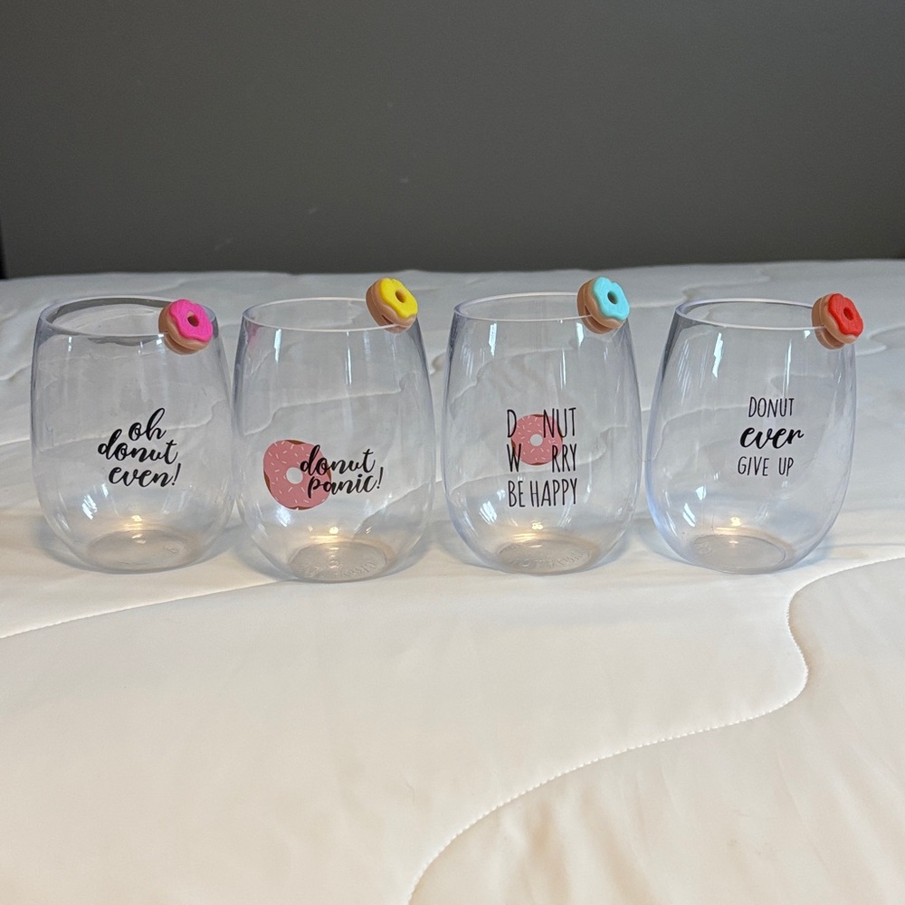 Set of 4 Donut-Themed Stemless Plastic Wine Glasses